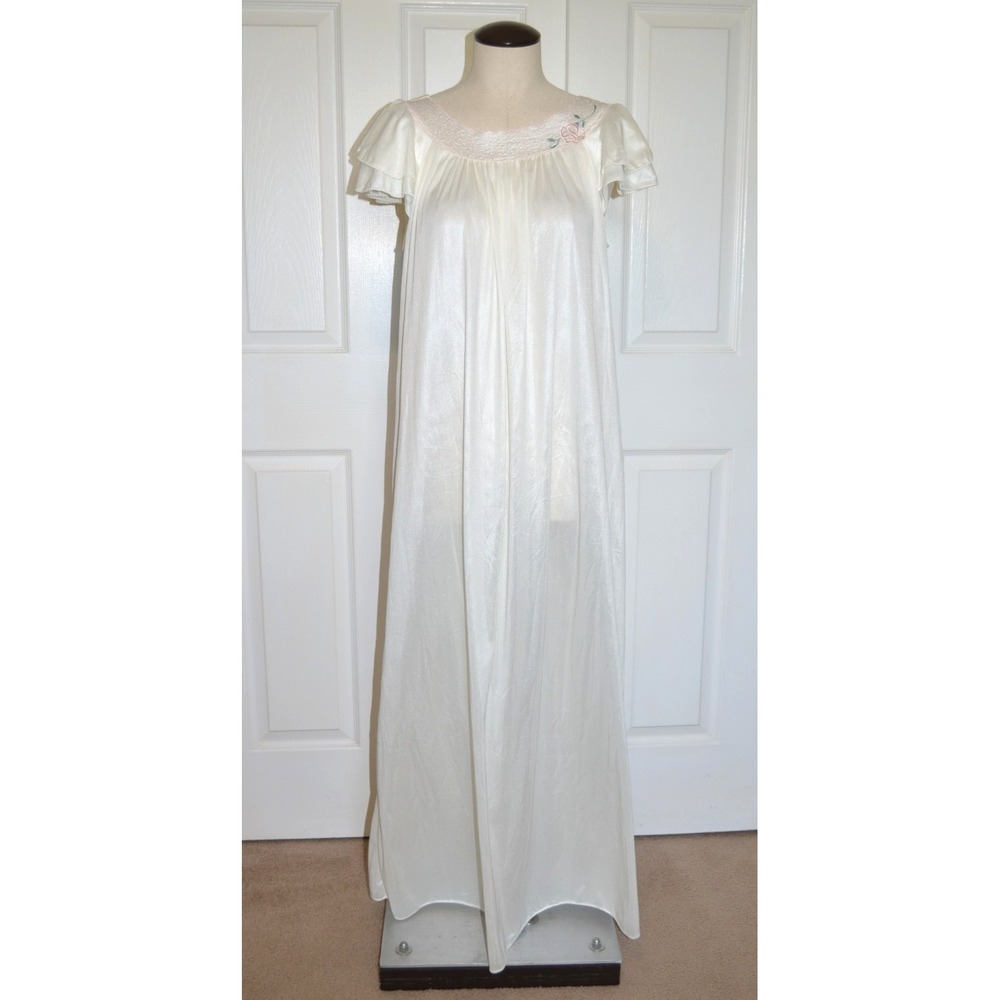 Vintage 60s Val Mode Nylon Nightgown Ivory Satin Long Maxi Women's M
